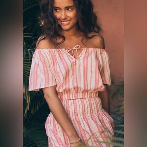 NWT! Marine Layer Tiana Textured Summer Elastic Hem Cropped Blouse Pink Stripe M